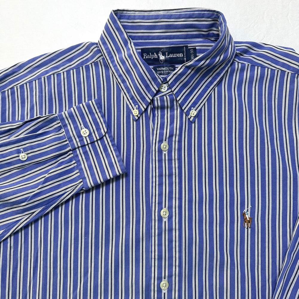Ralph Lauren Yarmouth Striped Shirt 16.5 33  L‎ XL Blue White Button Down Preppy